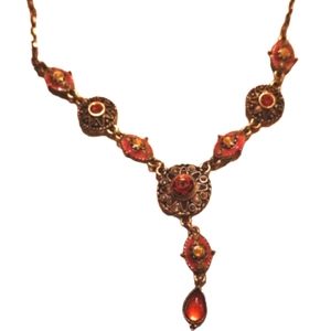 Vintage y necklace fashion bronze red orange enamel crystals